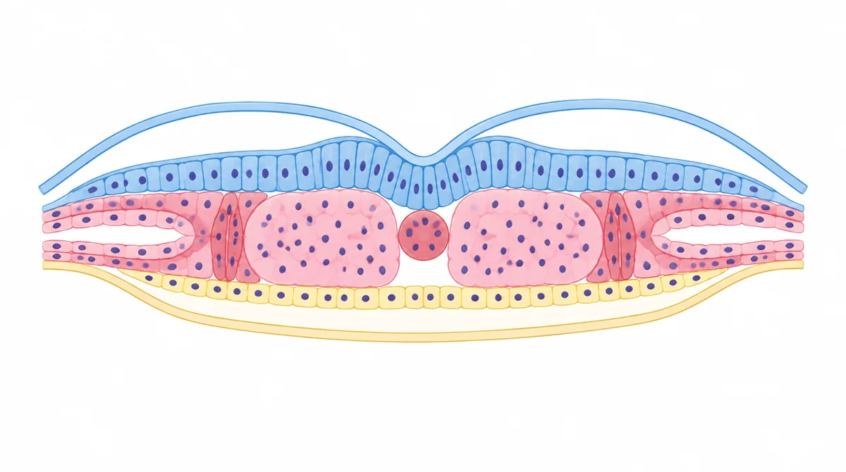 Corte transversal do disco trilaminar com mesoderma paraxial, intermediário e lateral