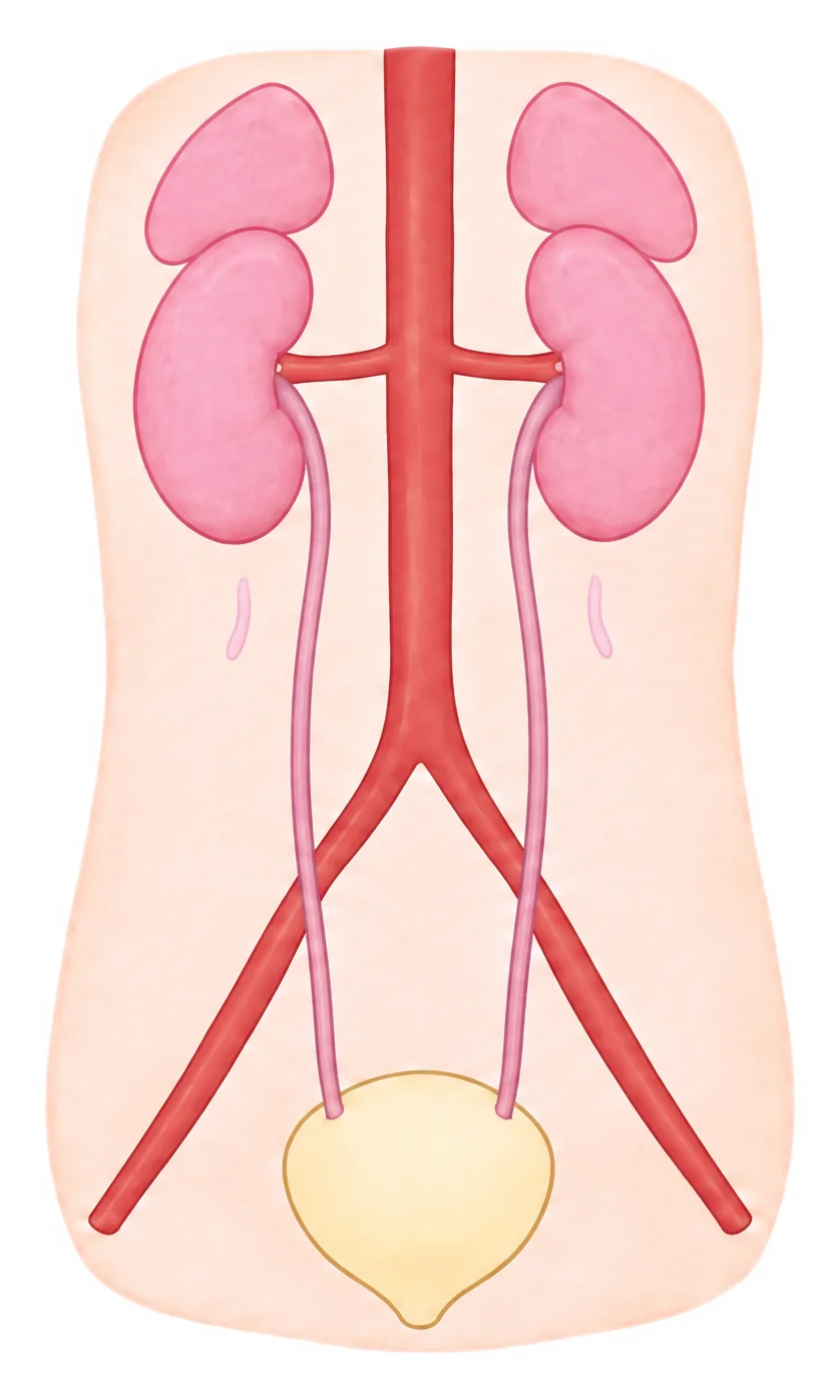 Rins encostados nas suprarrenais, com a artéria renal saindo da aorta